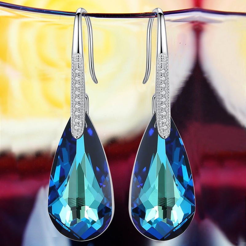 EleQueen 925 Sterling Silver CZ Teardrop Hook Dangle Earrings Bermuda Blue Made with Austrian Crystals, Valentine's Day/Mother's Day/Christmas Jewelry Gift - Image 4